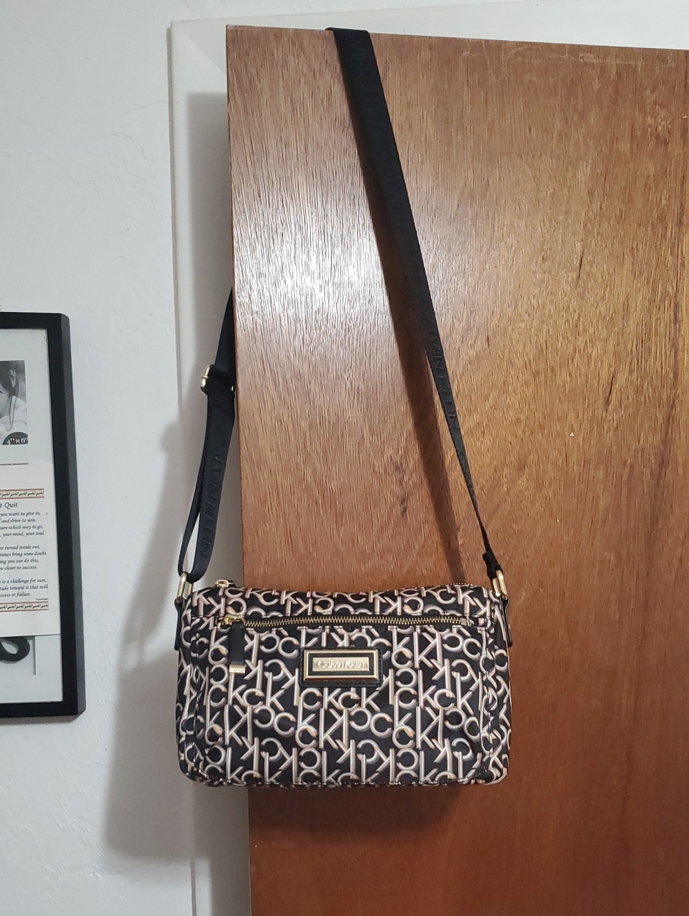 Calvin Klein Belfast Nylon Black and Tan Monogram Crossbody Bag